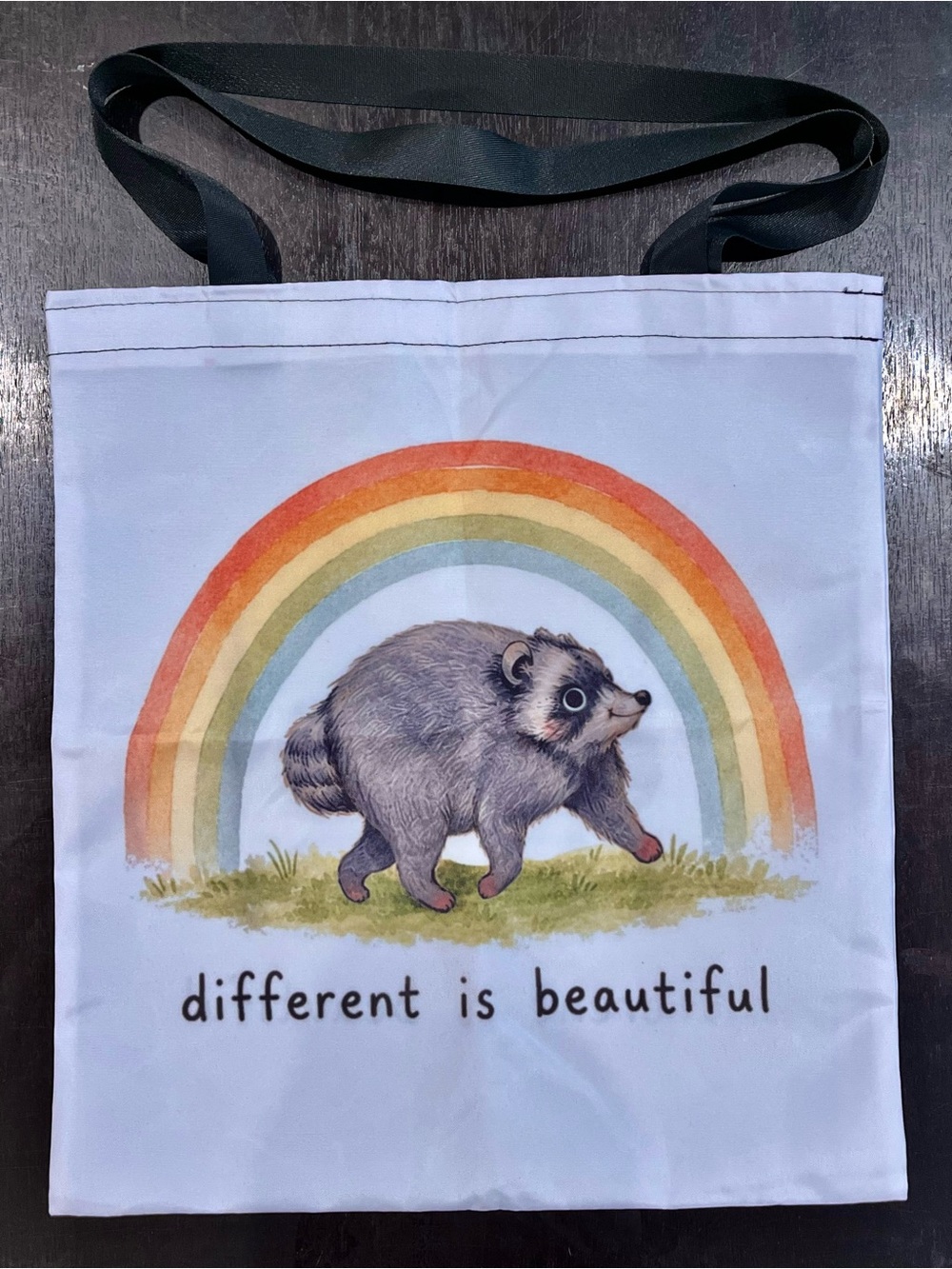 Jimothy Raccoon White & Rainbow Tote Bag “Different is Beautiful” 14”x14”, NWOT